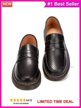 Genuine Leather Penny Loafers Perforated Memory Foam Womens Shoes